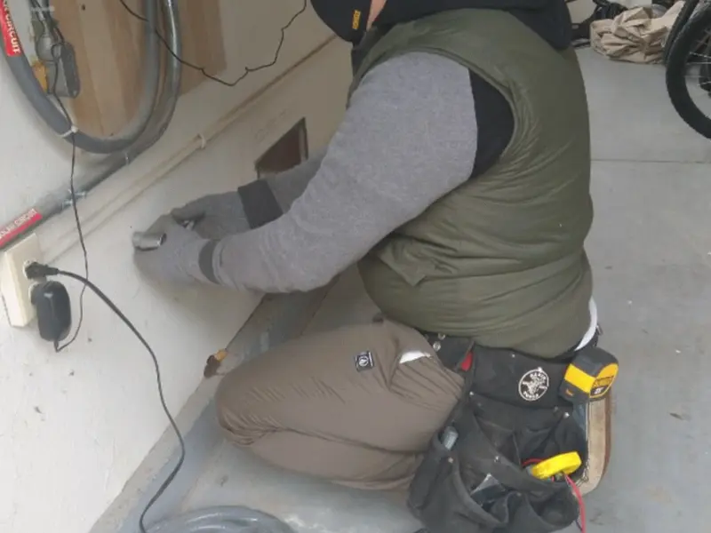 Electrician performing outlet wiring in a Rancho Palos Verdes garage